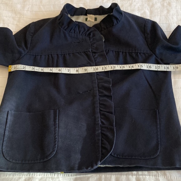 Y2K J Crew Navy collarless cropped blazer, ruffle detail, 3/4 sleeve, size 2 - Picture 12 of 14